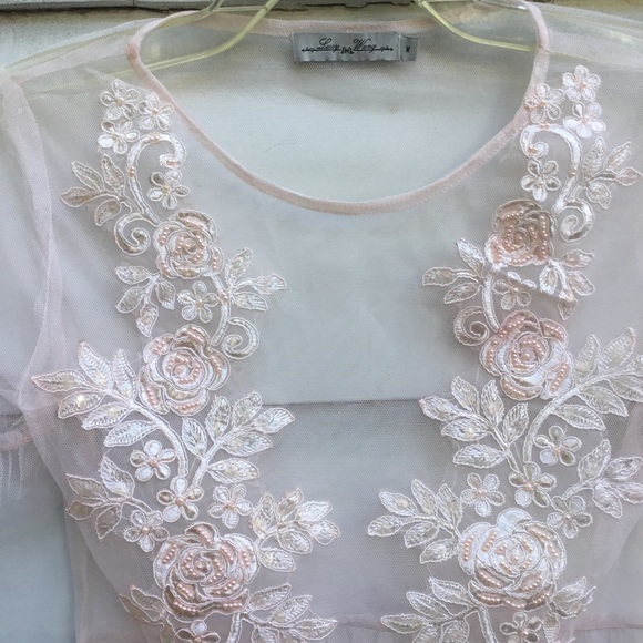 Sheer pink Lucy Wang mesh top with satin & pearls - Picture 2 of 6
